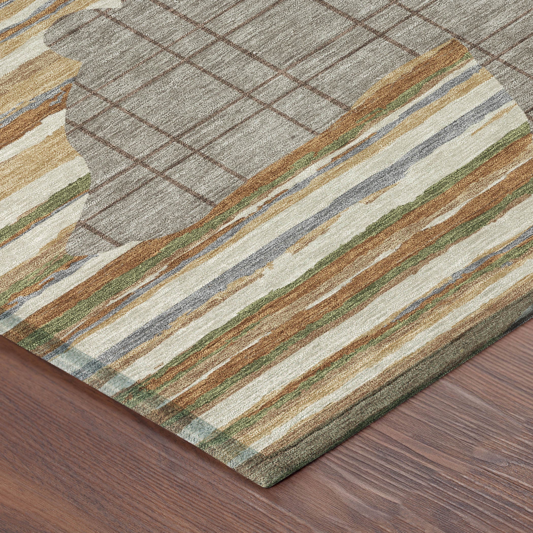 Taupe and ivory abstract area rug, corner view with striped border and grid pattern