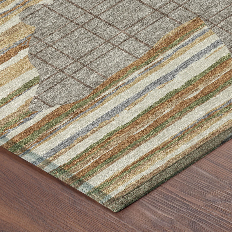 Taupe and ivory abstract area rug, corner view with striped border and grid pattern