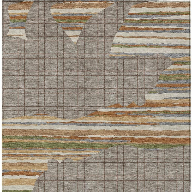 Taupe and ivory abstract area rug close-up of grid fields and layered stripe bands