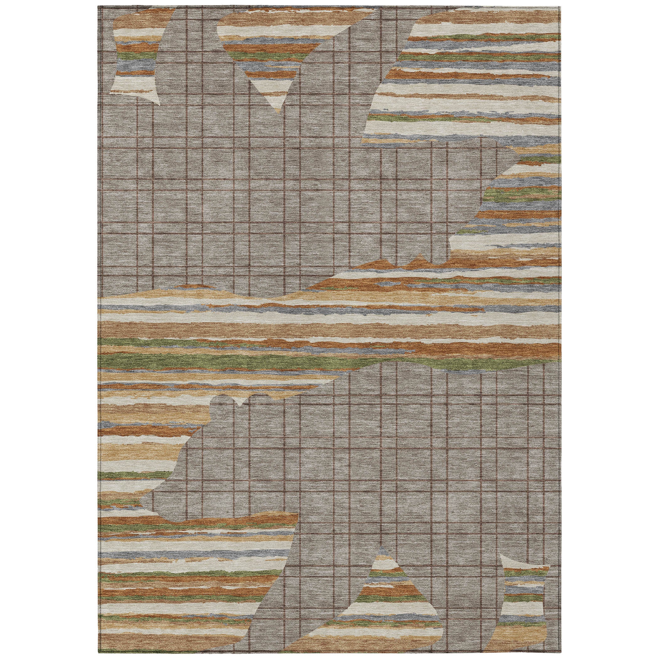 Taupe and ivory abstract area rug with layered stripes and grid motif