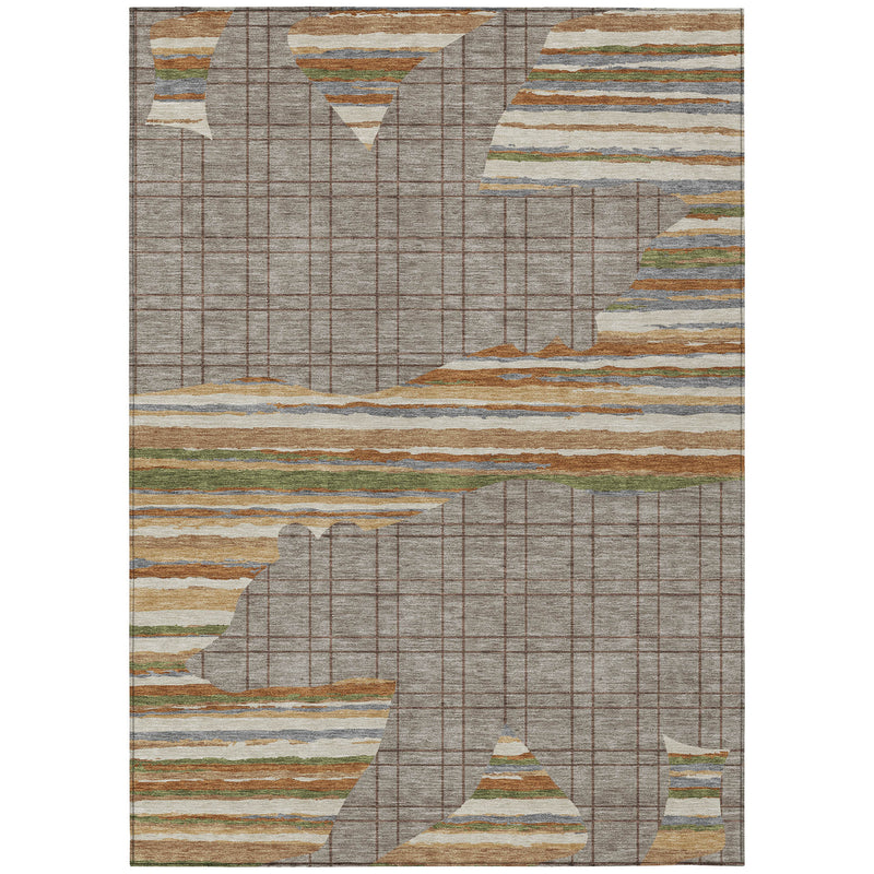 Taupe and ivory abstract area rug with layered stripes and grid motif