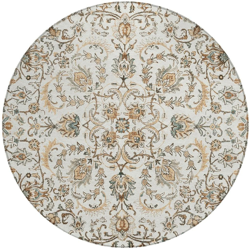 Ivory round area rug with beige and teal botanical leaf pattern