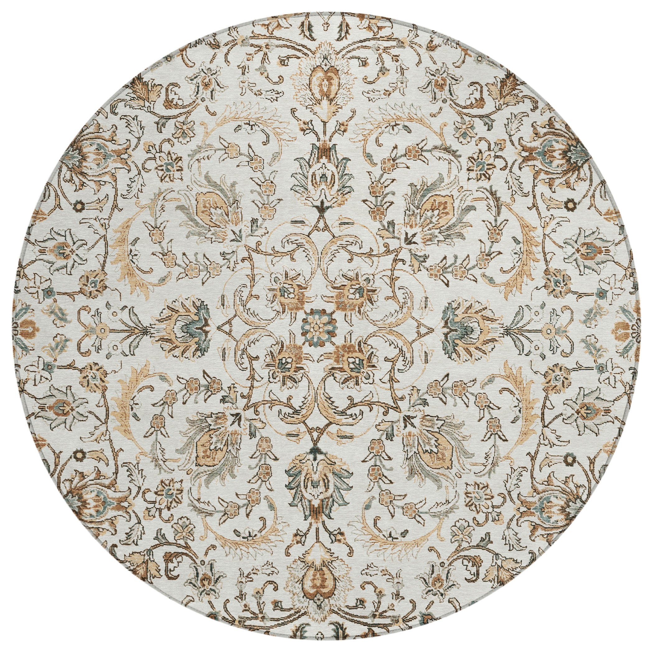 Round ivory area rug with centered medallion and botanical leaf and flower pattern