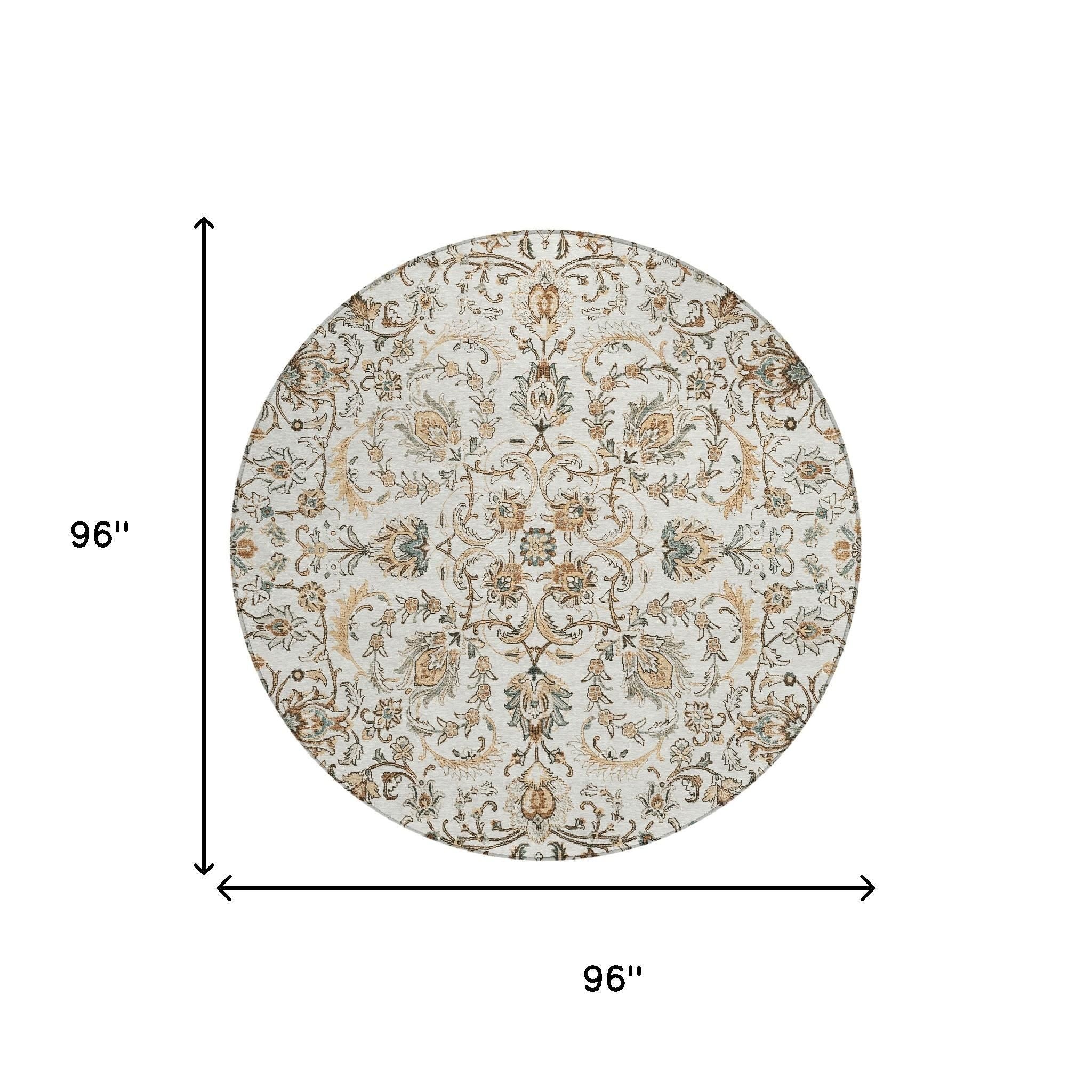 Round area rug, 96 in diameter, ivory with beige and teal floral botanical pattern