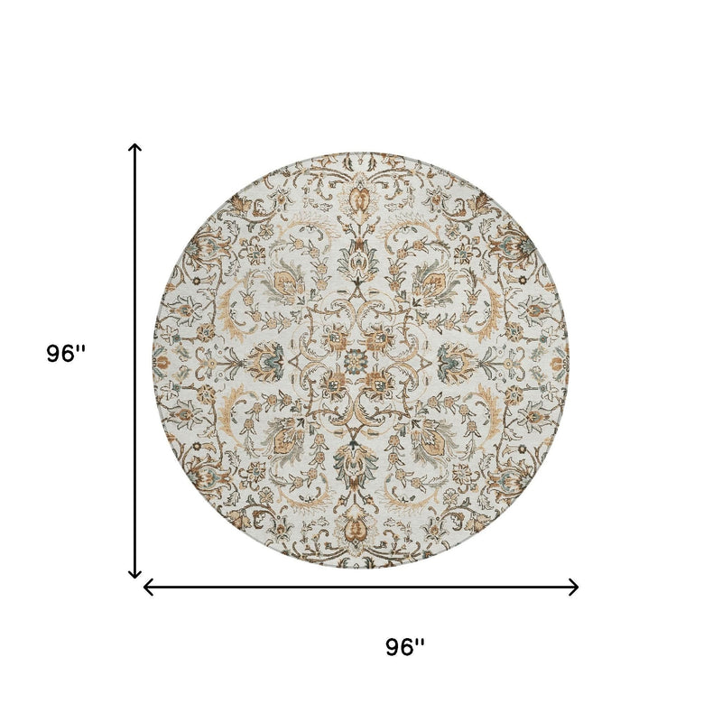 Round area rug, 96 in diameter, ivory with beige and teal floral botanical pattern