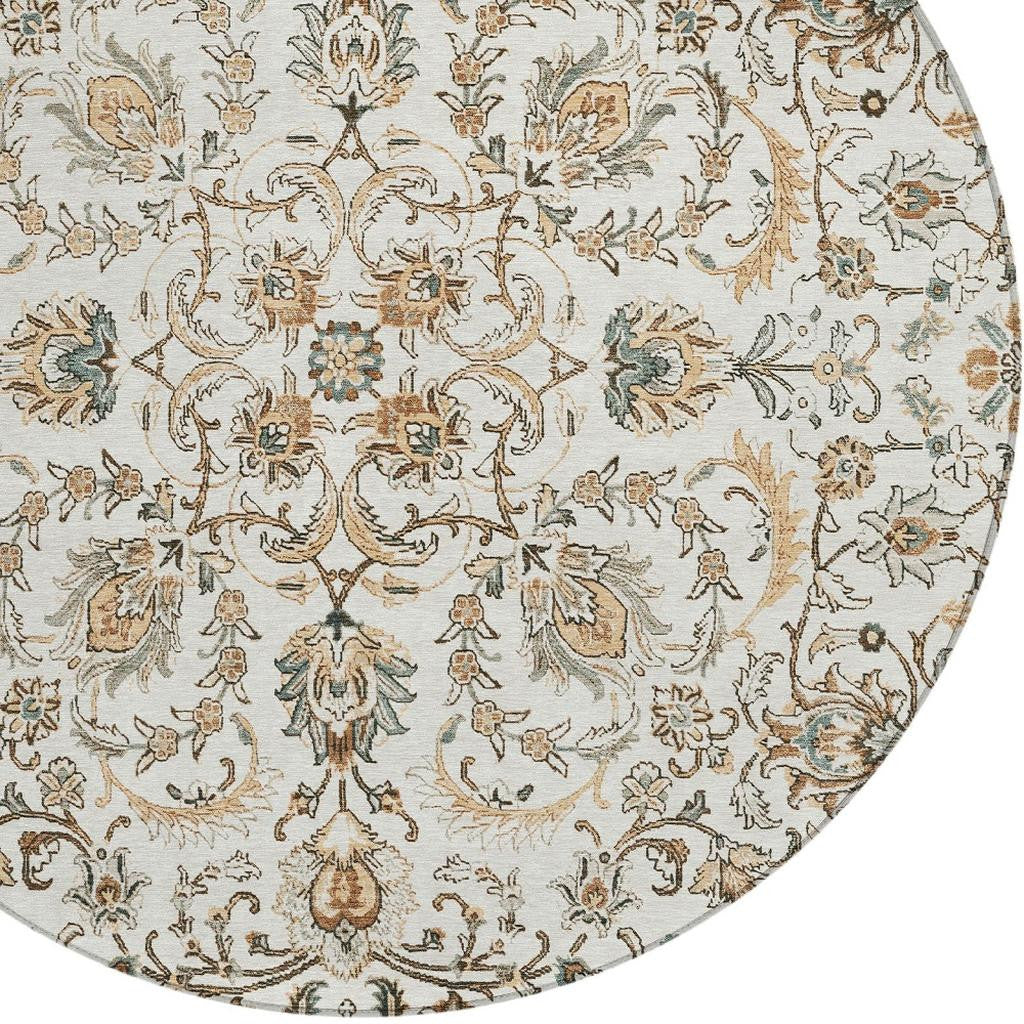 Round rug close-up with botanical vines and flowers on ivory background
