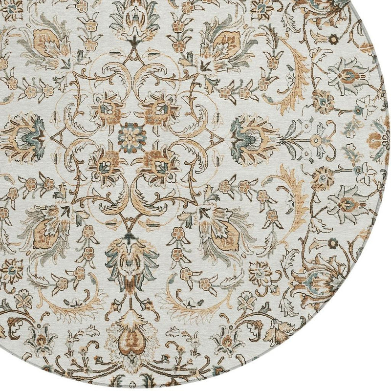 Round rug close-up with botanical vines and flowers on ivory background