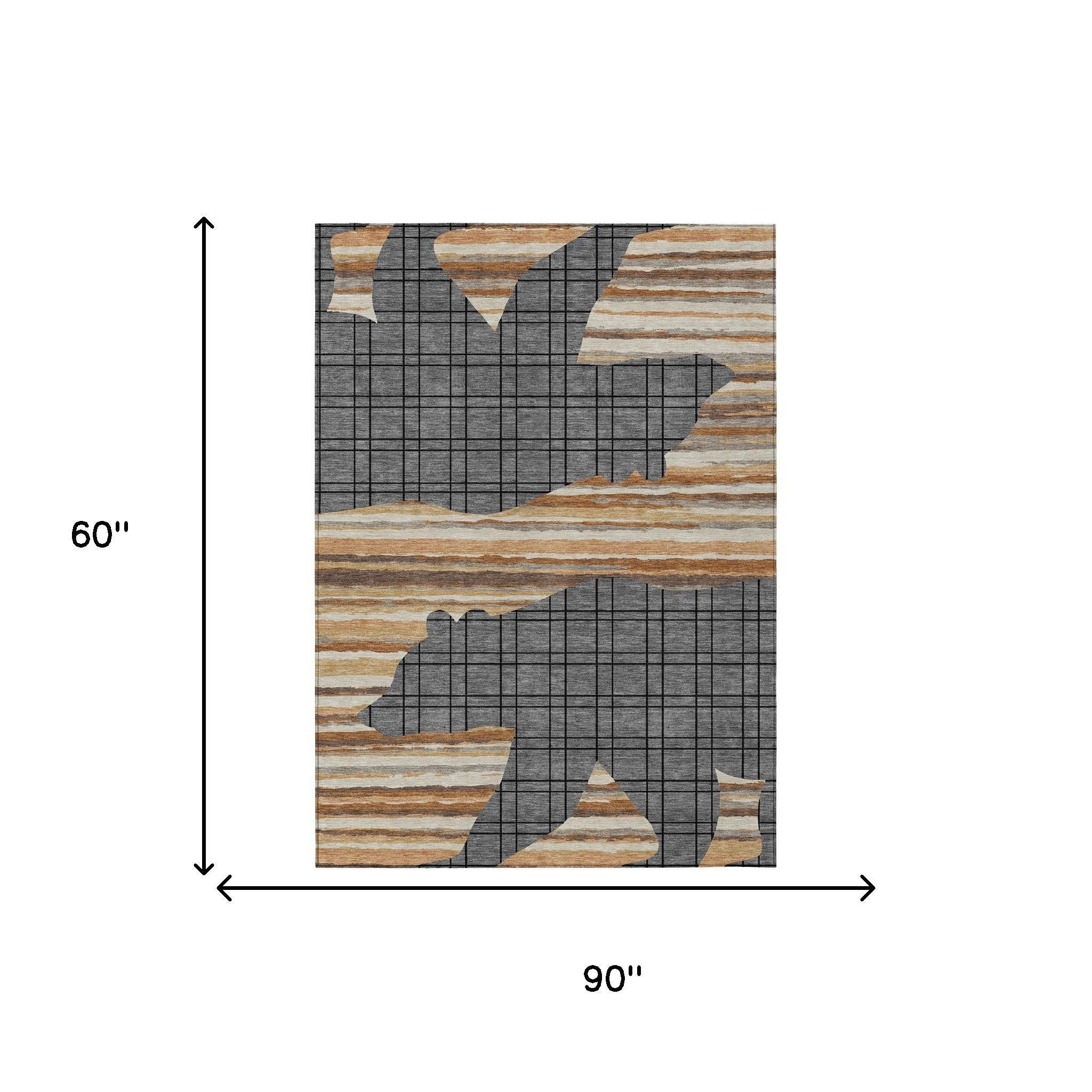 Abstract area rug with gray grid and tan/cream stripe pattern; 60 in by 90 in