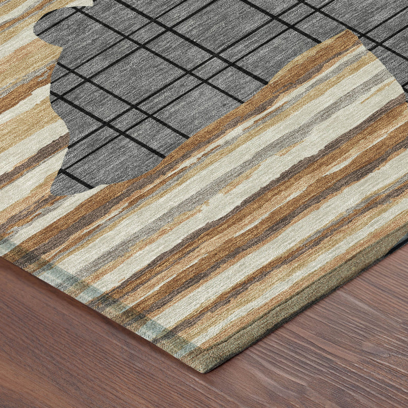 Abstract area rug edge: gray lattice with tan, cream, and brown striped bands
