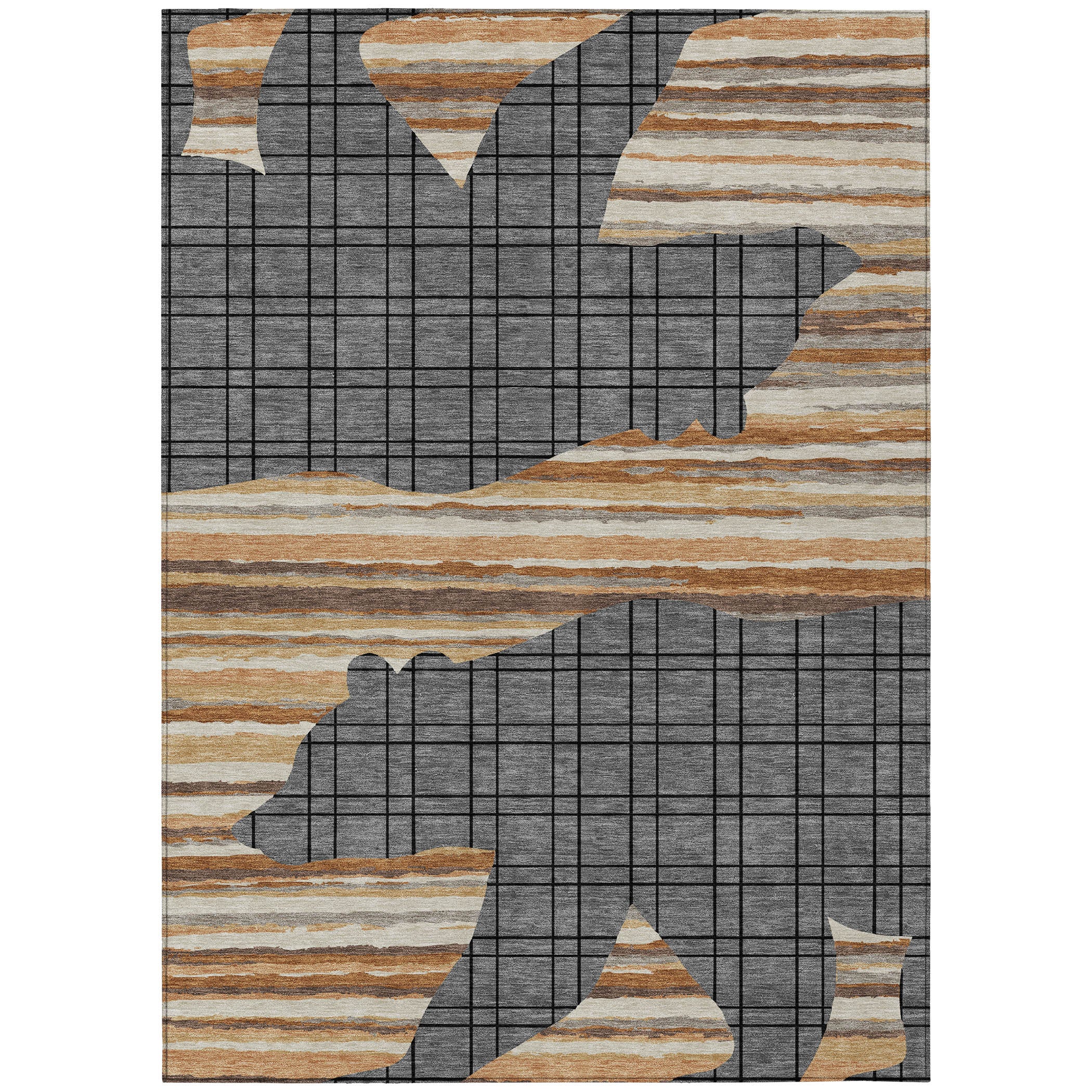 Abstract area rug with gray grid and layered tan and cream stripe waves