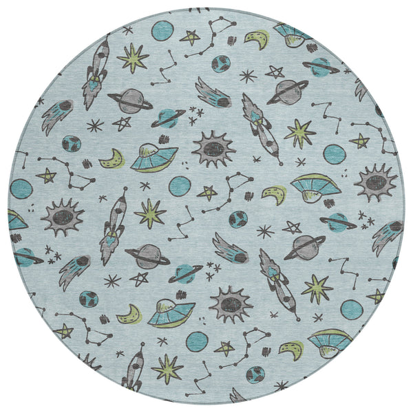 Light blue round rug with space icons and animal figures, full view.