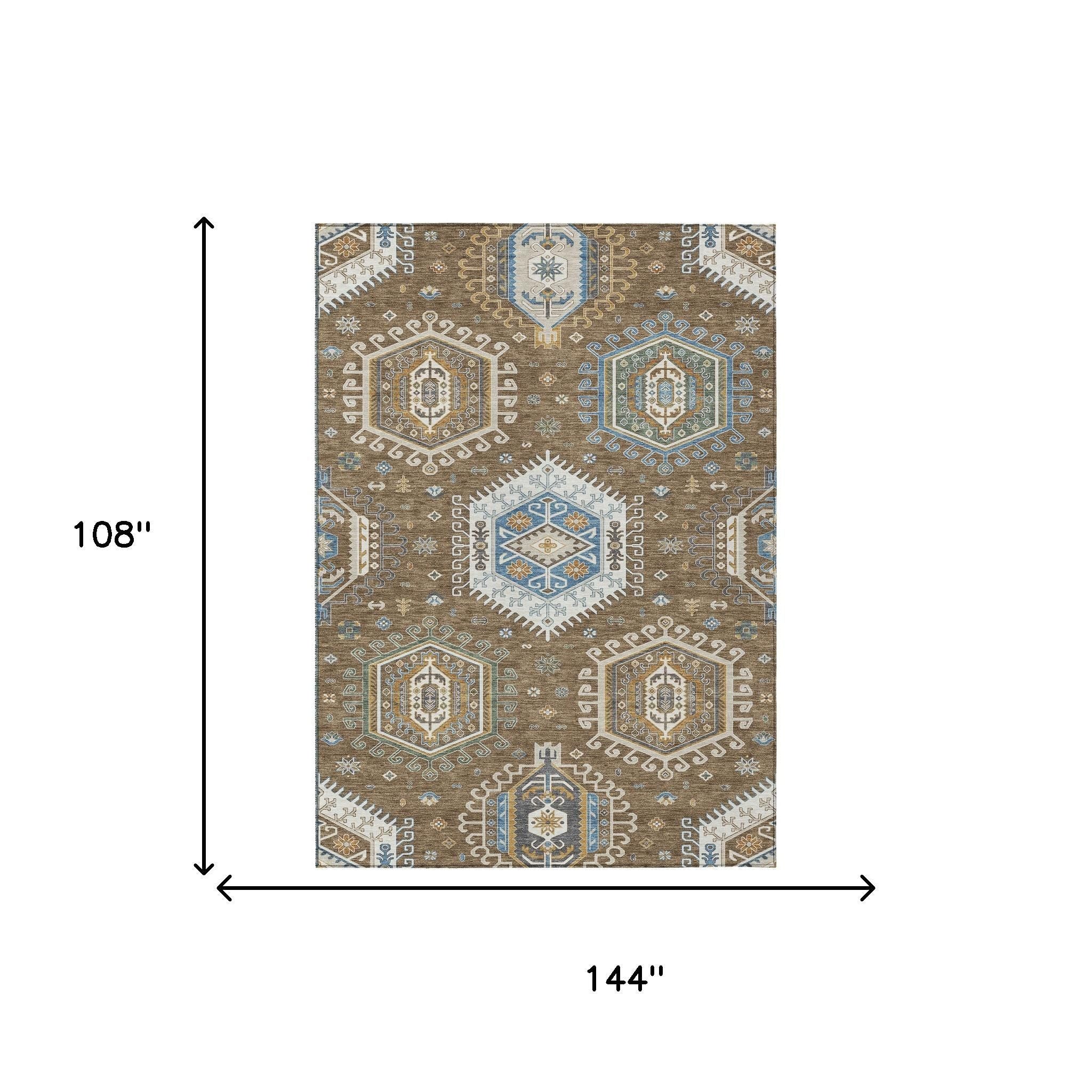 Tribal area rug with brown, beige, and blue geometric medallions, flatwoven design