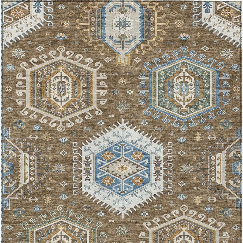 Brown tribal area rug with blue accents and central diamond medallion, flat patterned design