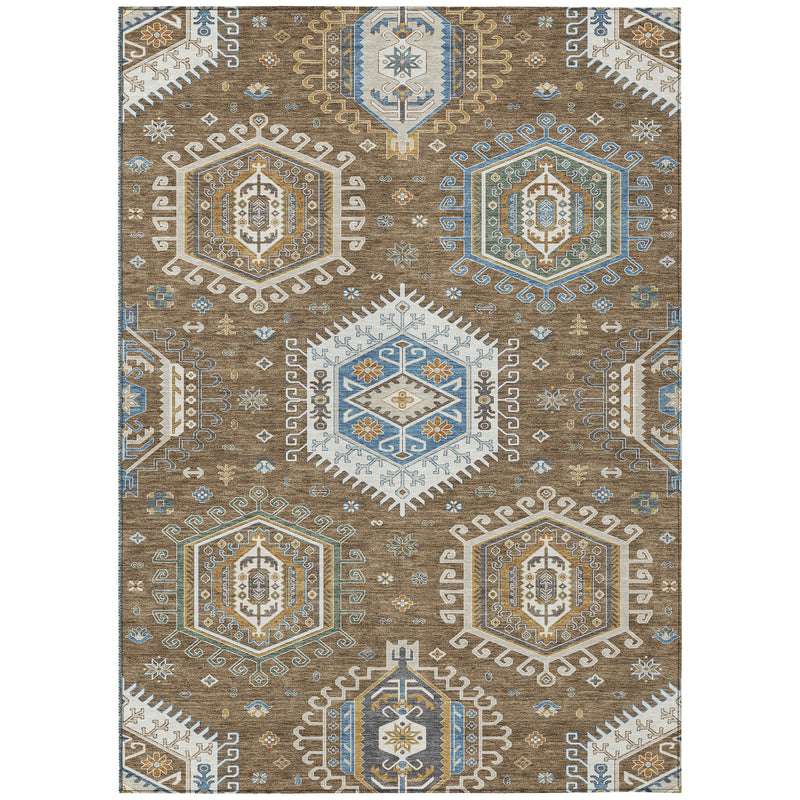 Tribal area rug in brown, beige, and blue with symmetrical octagon medallions