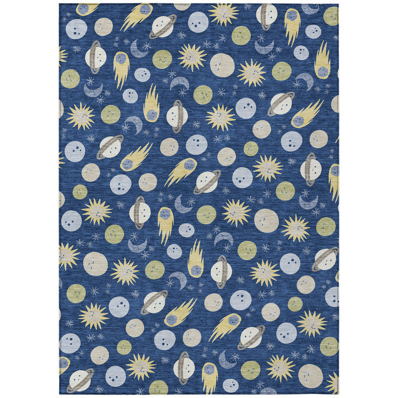 Navy blue celestial area rug with repeating planets, comets, and yellow sunbursts; centered.