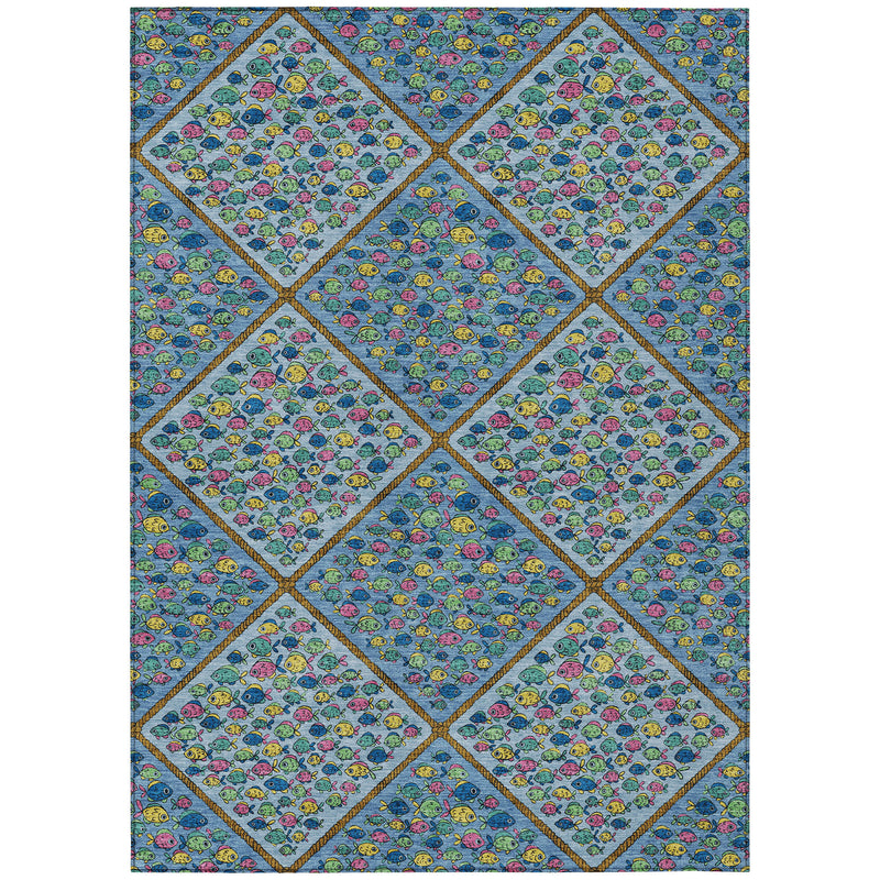 Multicolor diamond fish pattern indoor/outdoor area rug with blue background