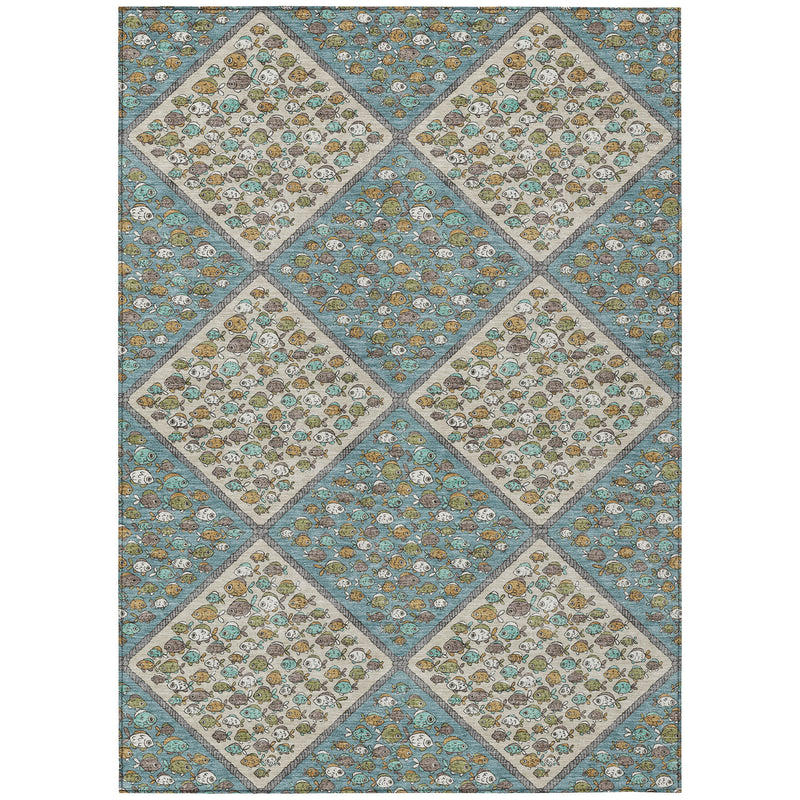 Teal blue and beige area rug featuring diamond tile pattern with small motif-filled panels