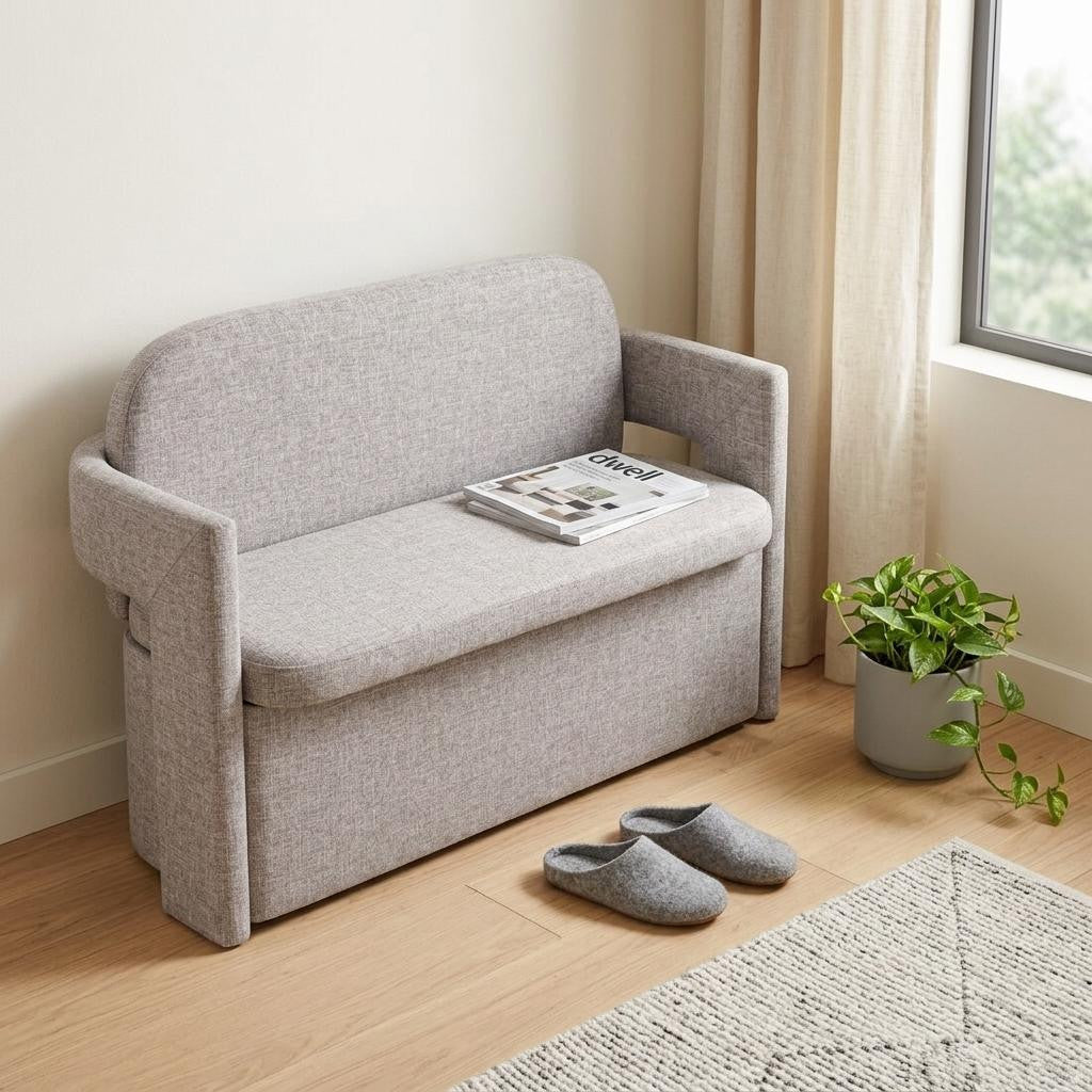 55" Gray Fabric Upholstered Storage Bench With Flip Top - Living Room