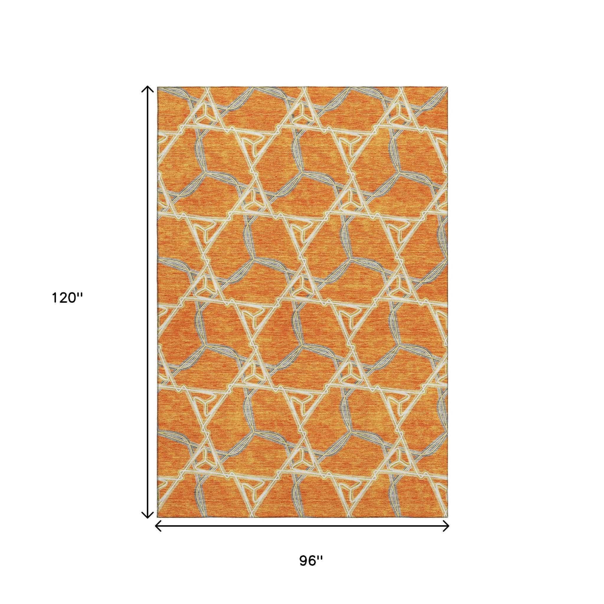 8' X 10' Orange Ivory And Blue Geometric Washable Area Rug With UV Protection - Home & Garden