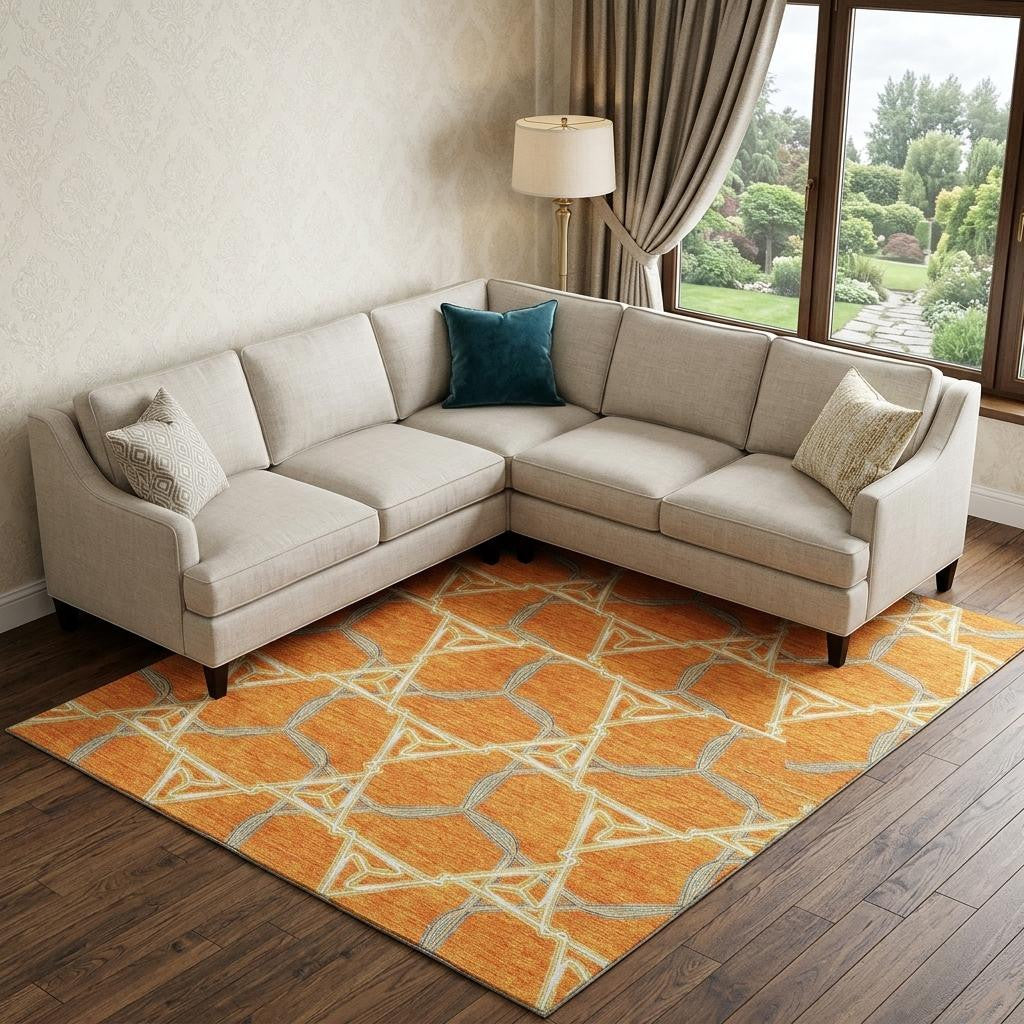 8' X 10' Orange Ivory And Blue Geometric Washable Area Rug With UV Protection - Home & Garden