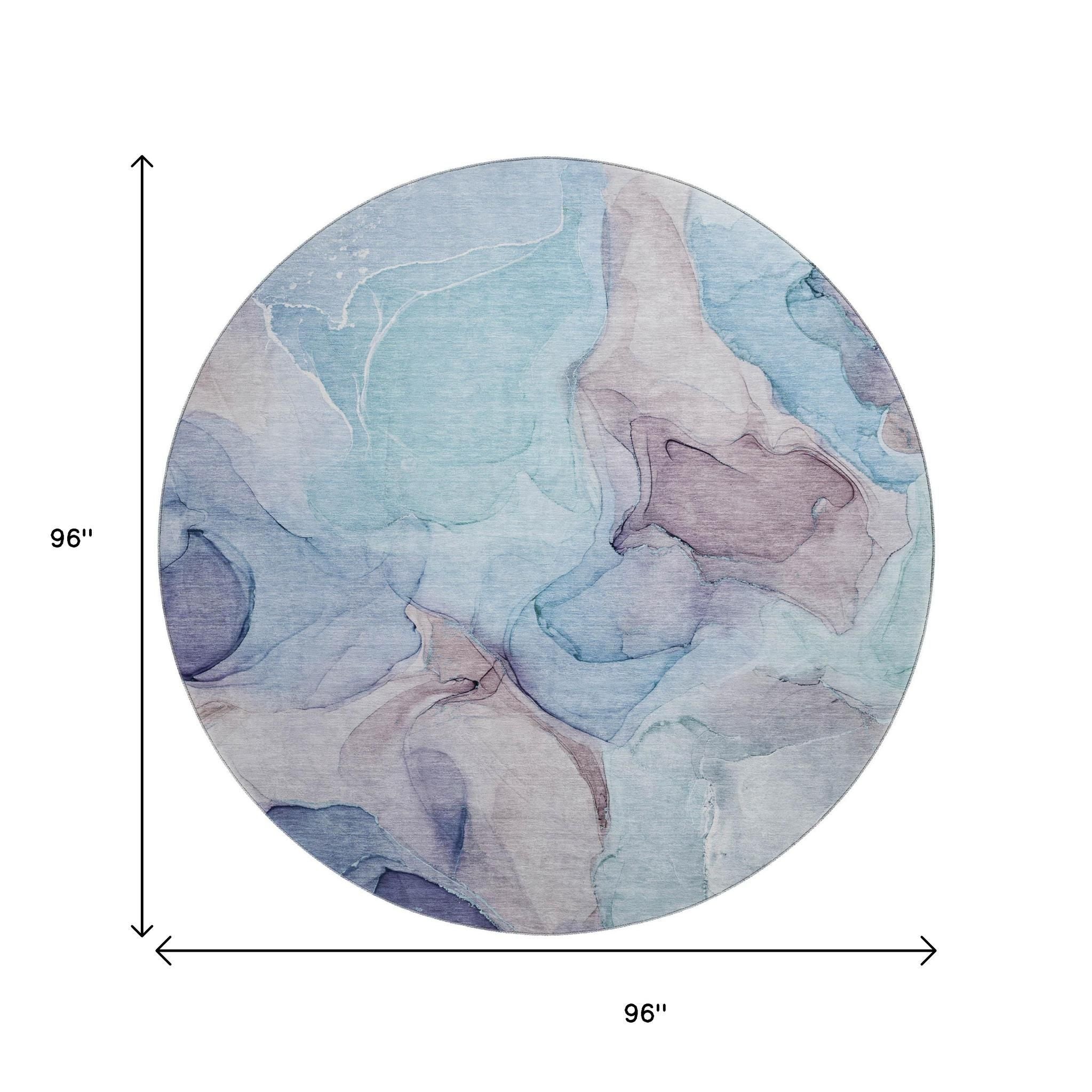 8' Navy Blue Purple And Gray Abstract Washable Round Rug With UV Protection - Home & Garden