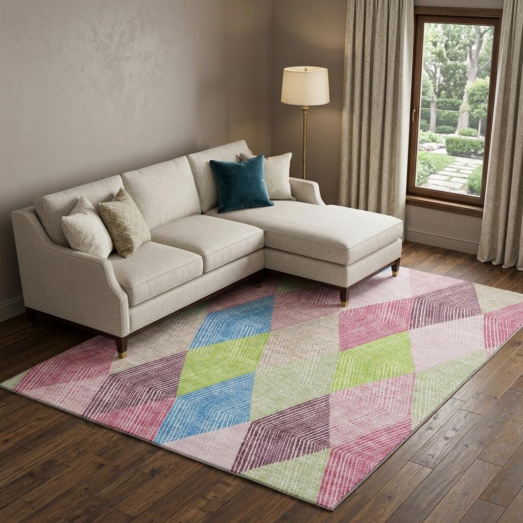 8' X 10' Pink Lime Green And Blue Geometric Washable Area Rug With UV Protection - Home & Garden
