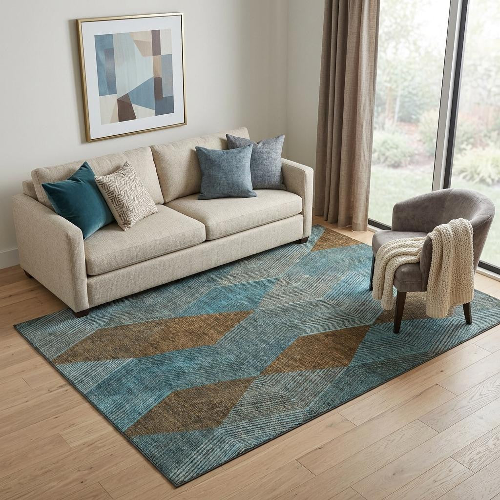 5' X 8' Teal And Brown Geometric Washable Area Rug With UV Protection - Home & Garden