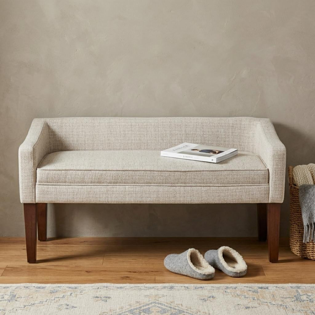 50" Beige and Brown Fabric and Wood Upholstered Bench - Living Room