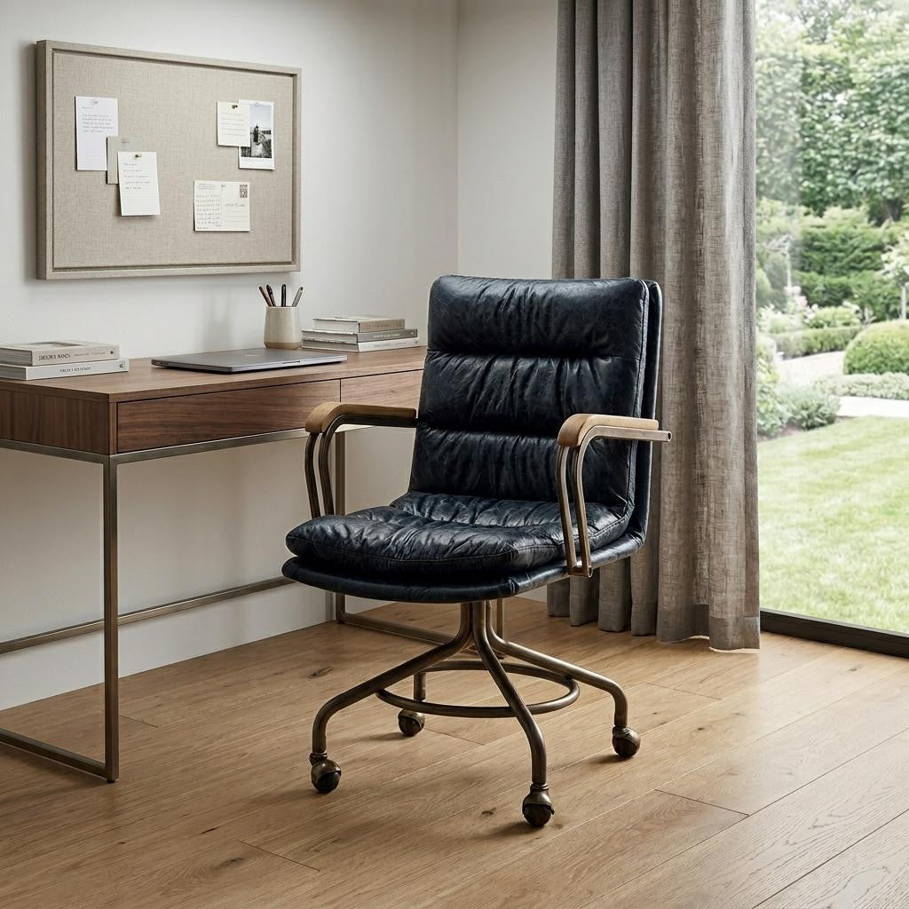 Navy Blue and Dark Brown Swivel Rolling Executive Office Chair - Office