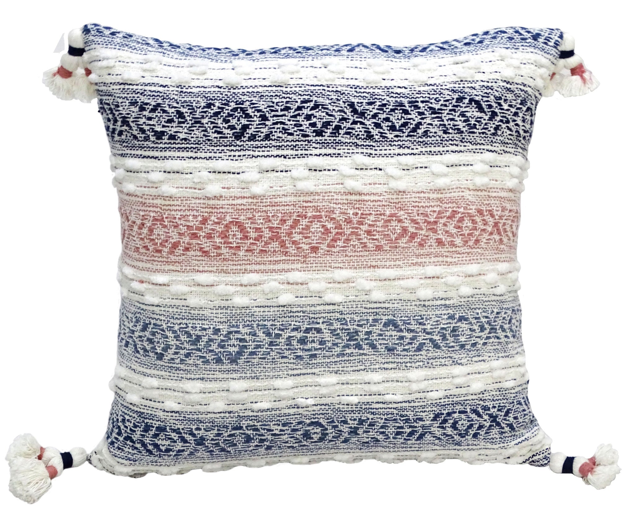 22" X 22" Blue And Peach Southwestern Stripe Handmade Throw Pillow With Tassels - Home Decor