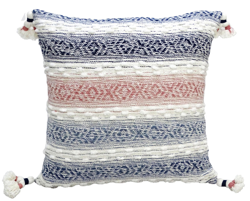 22" X 22" Blue And Peach Southwestern Stripe Handmade Throw Pillow With Tassels - Home Decor