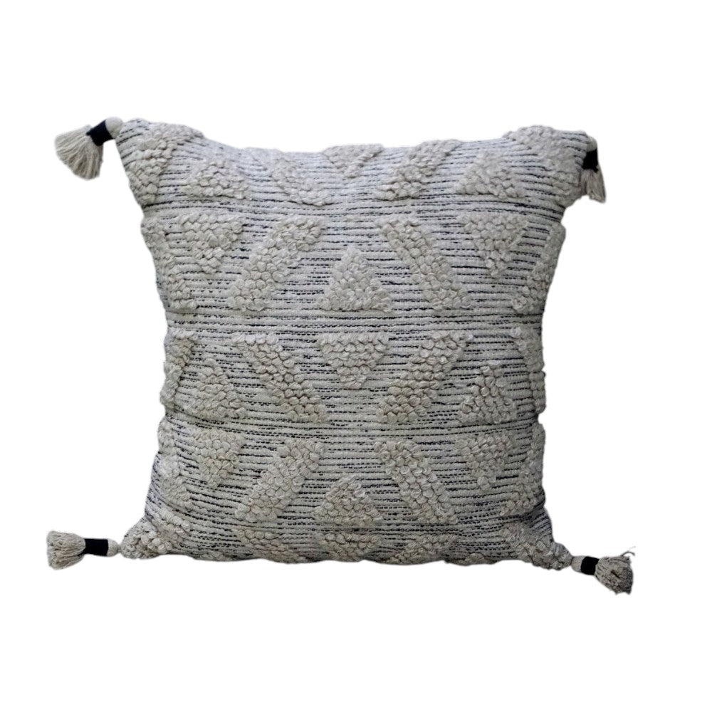 22" X 22" Off White Geometric Zippered Handmade Cotton Blend Throw Pillow With Tassels - Home Decor