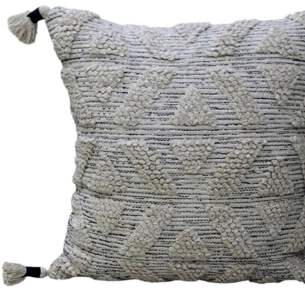 22" X 22" Off White Geometric Zippered Handmade Cotton Blend Throw Pillow With Tassels - Home Decor