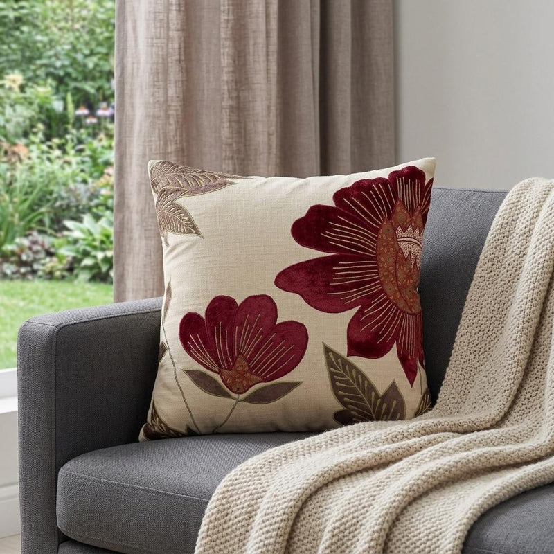 18" Beige and Red Floral Throw Pillow With Embroidery - Home Decor