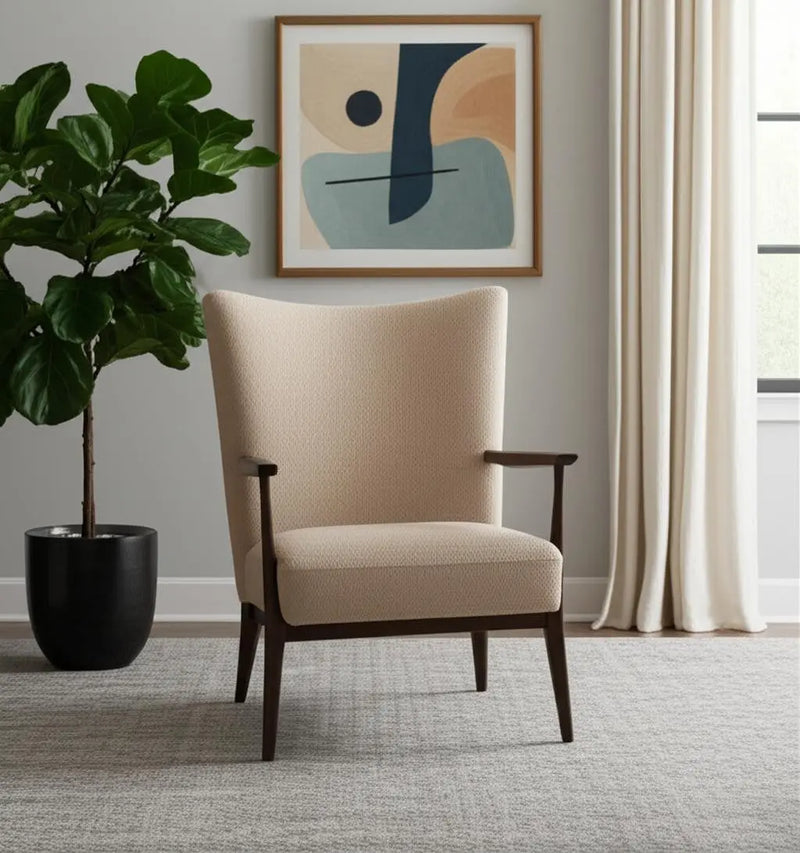 29" Beige and Dark Brown Boucle and Solid Wood Wingback Chair Homeroots Living Room