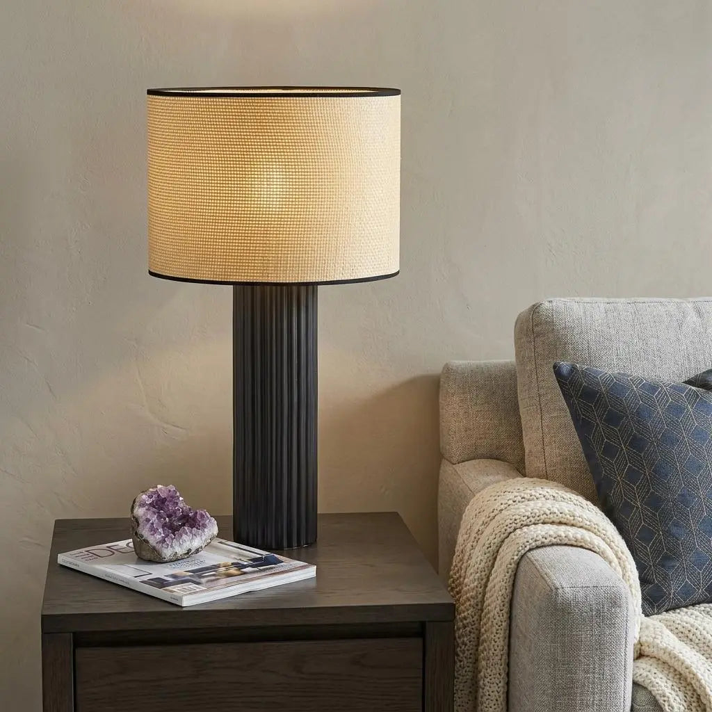 29" Black Ceramic Cylinder Table Lamp With Beige Drum Shade Homeroots Lighting