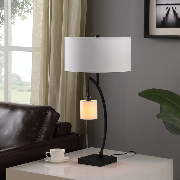 29" Black Metal Two Light Arched Table Lamp With White Drum Shade - GreatEagleInc