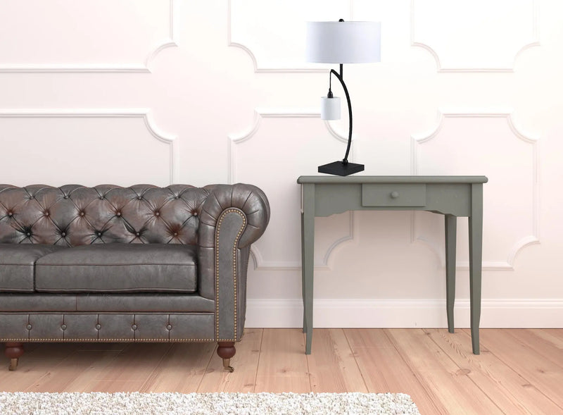 29" Black Metal Two Light Arched Table Lamp With White Drum Shade - GreatEagleInc