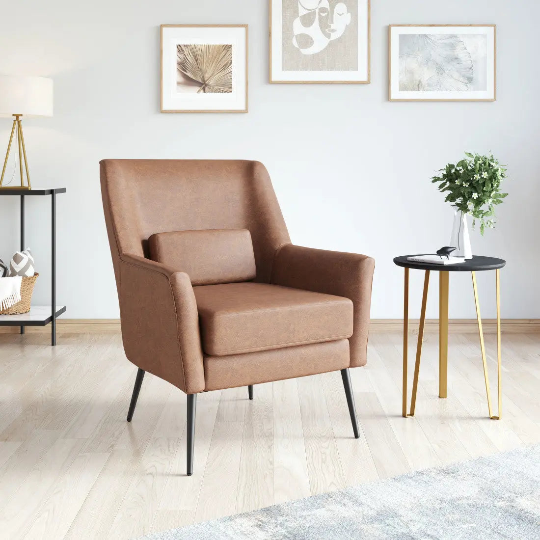29" Brown And Black Faux Leather And Upholstered Arm Chair And Toss Pillow Homeroots Living Room