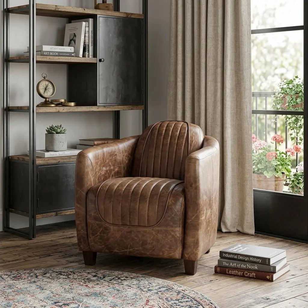 29" Brown Faux Leather Distressed Barrel Chair Homeroots Living Room