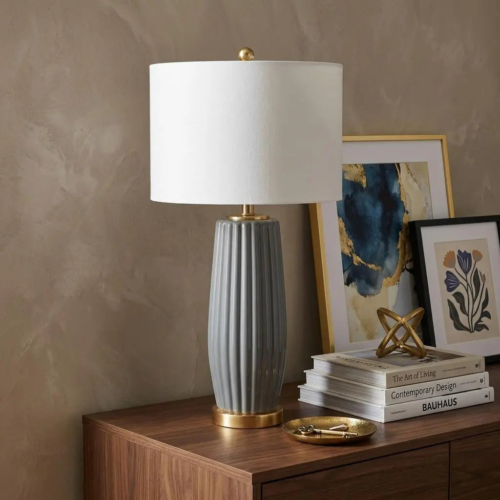 29" Dark Gray And Gold Table Lamp With Drum Shade Homeroots Lighting