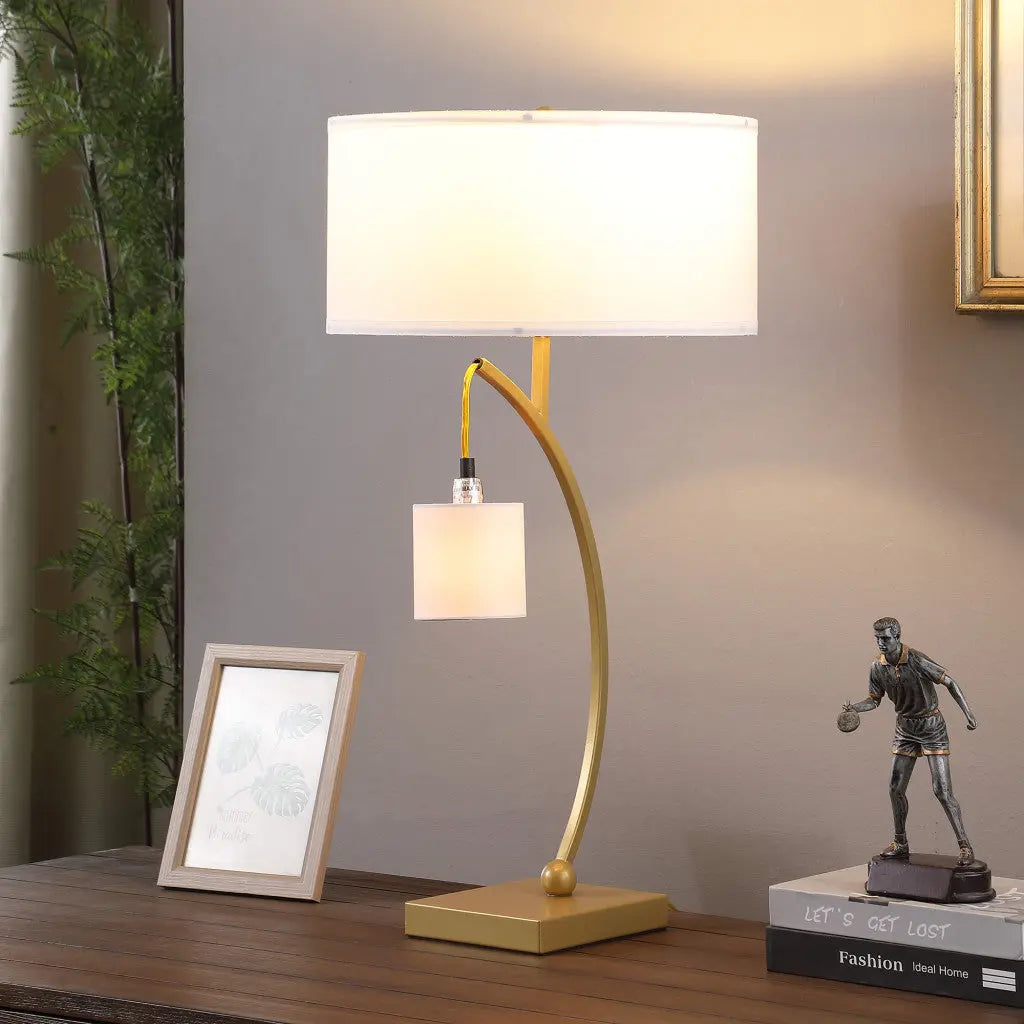 29" Gold Metal Two Light Arched Table Lamp With White Drum Shade Homeroots Lighting