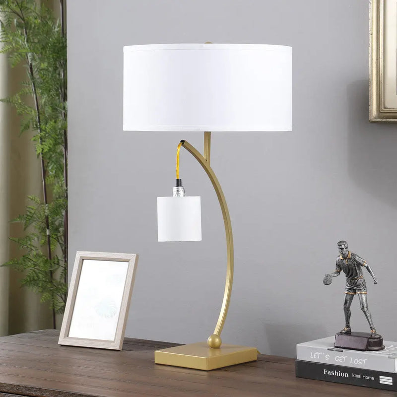 29" Gold Metal Two Light Arched Table Lamp With White Drum Shade Homeroots Lighting