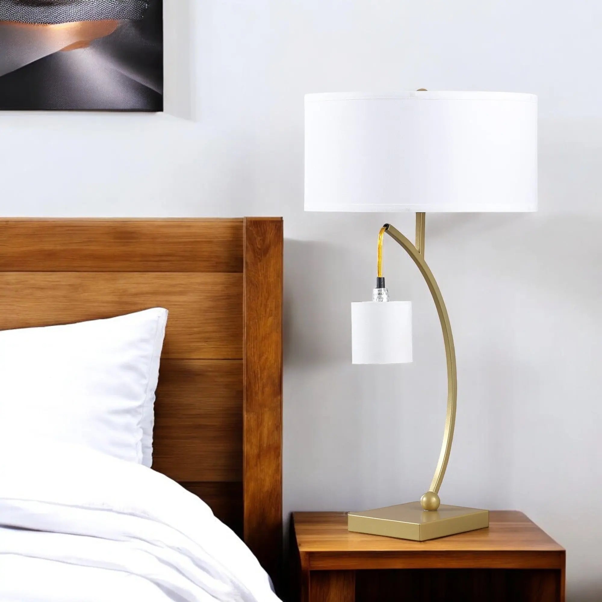 29" Gold Metal Two Light Arched Table Lamp With White Drum Shade Homeroots Lighting