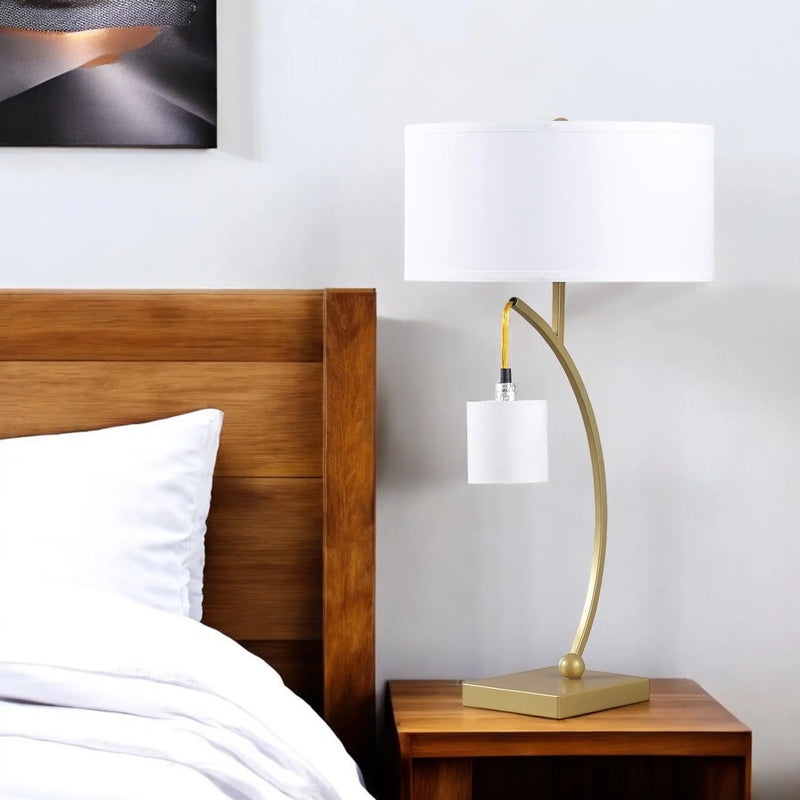 29" Gold Metal Two Light Arched Table Lamp With White Drum Shade Homeroots Lighting
