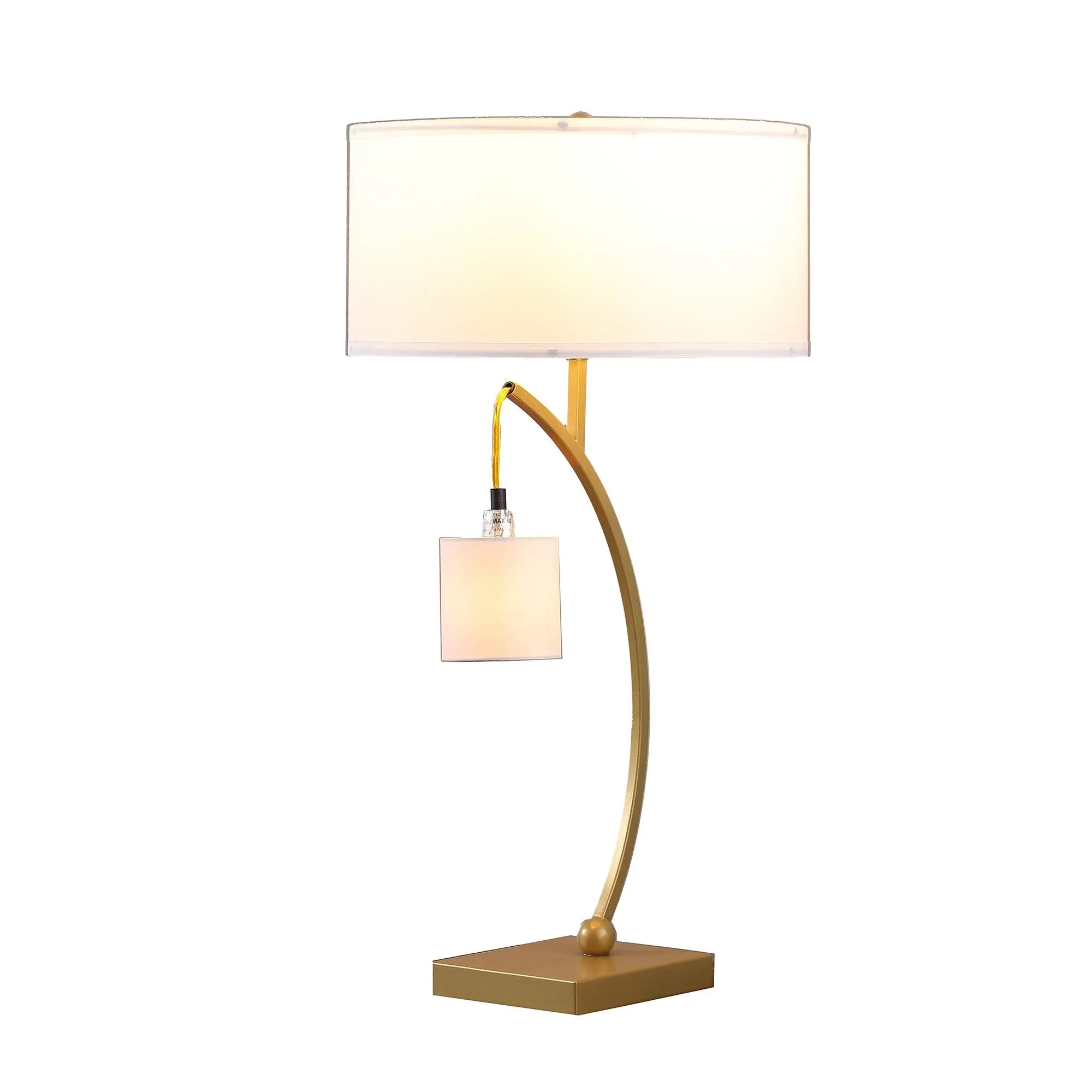 29" Gold Metal Two Light Arched Table Lamp With White Drum Shade Homeroots Lighting