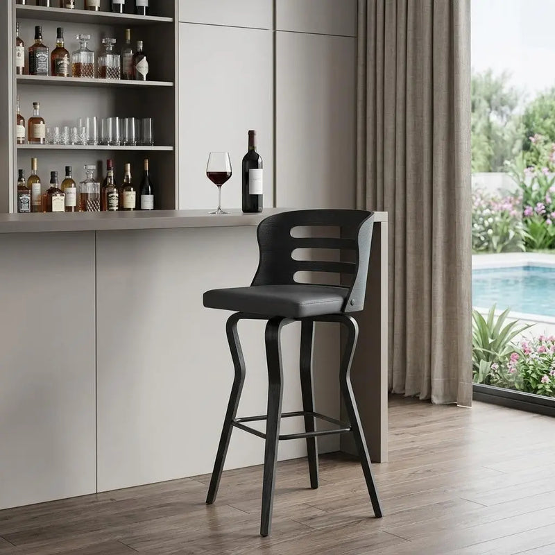 29" Gray And Black Faux Leather And Iron Swivel Low Back Bar Height Bar Chair Homeroots Living Room
