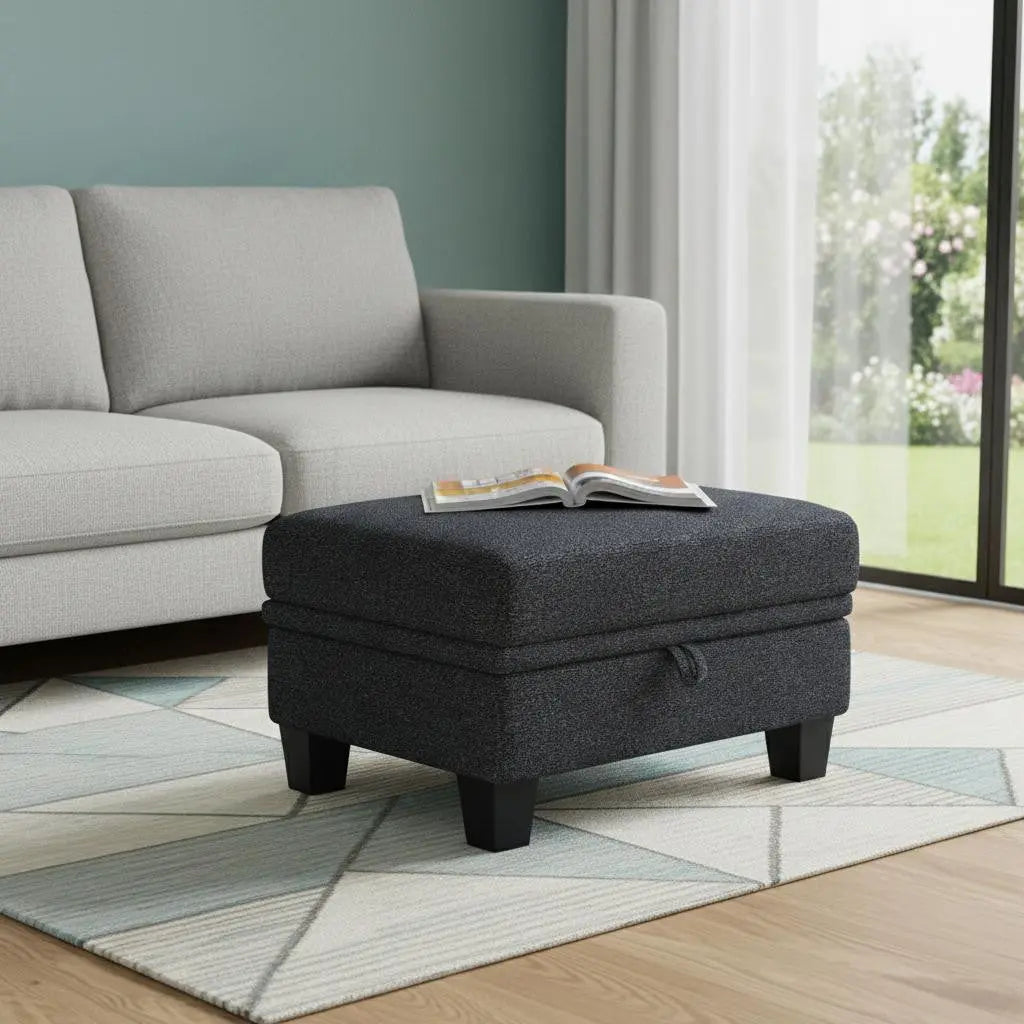 29" Gray and Black Chenille Storage Ottoman Homeroots Living Room