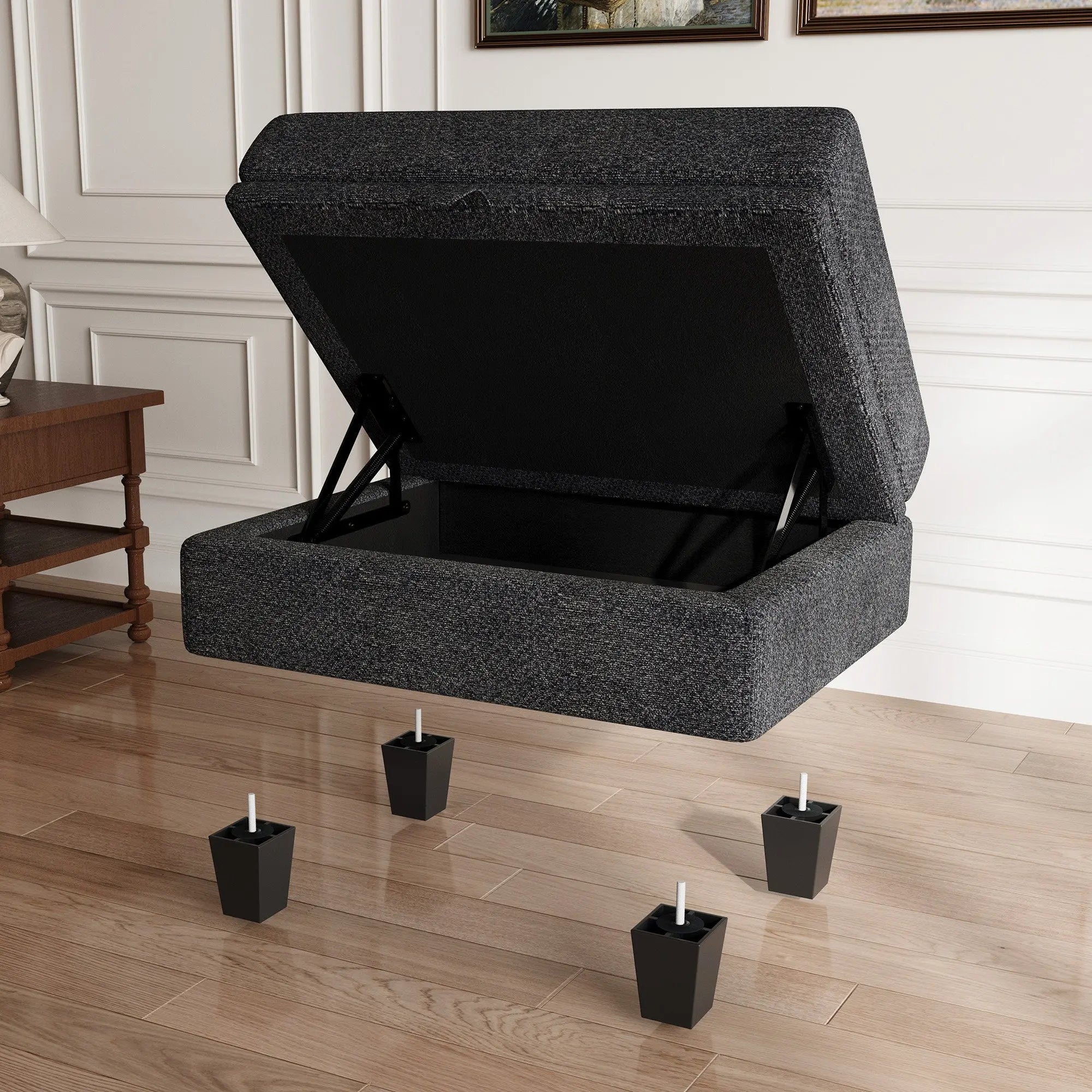 29" Gray and Black Chenille Storage Ottoman Homeroots Living Room