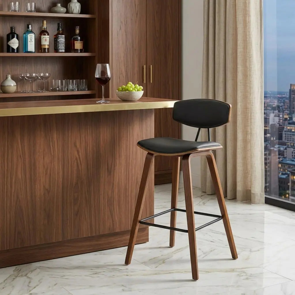 29" Gray and Brown Faux Leather and Iron Low Back Bar Height Bar Chair Homeroots Living Room